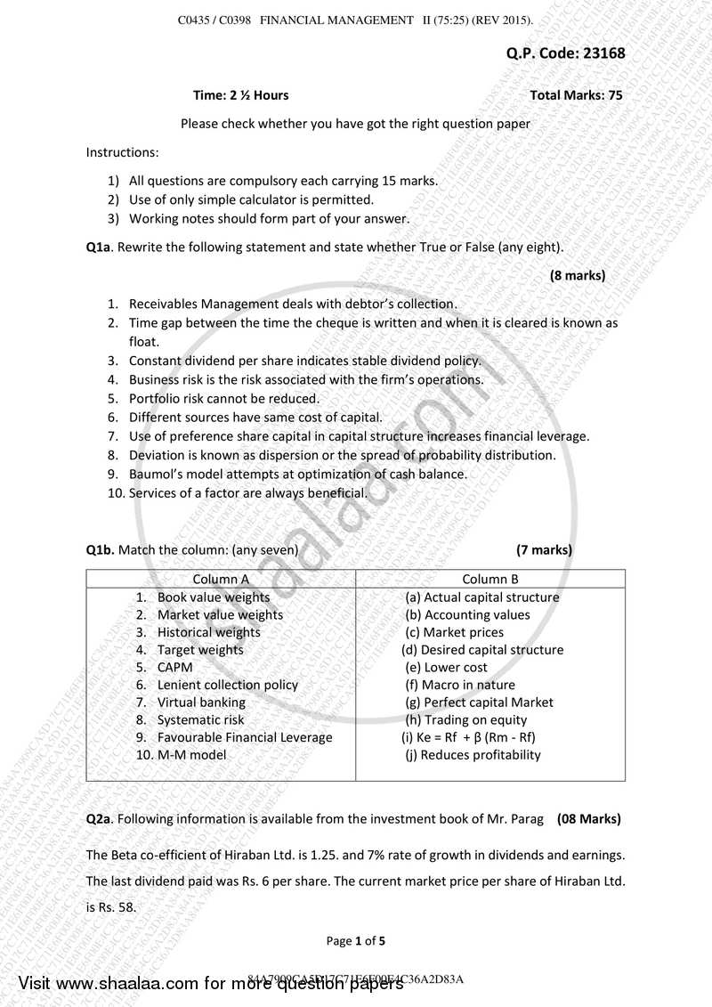 Financial management question paper with solution